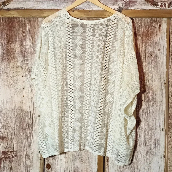 Ginger G crochet embroidered lace sheer cream feminine fairy romantic kimono L - Picture 7 of 11